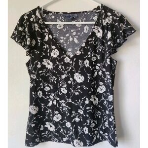 American Living Women's Short Flutter Sleeve Black/White Floral Print Size M